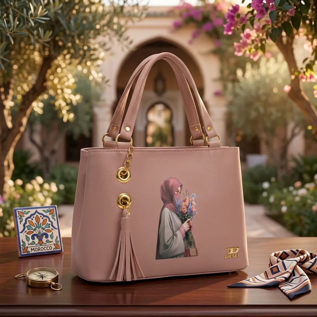 Elegant Pink Hijab Illustration Handbag - Small Size