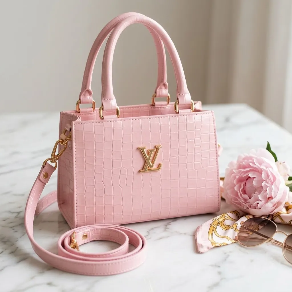Pink Checkered Handbag Set – Elegant 3-Piece PU Leather Shoulder Bag, Crossbody & Pouch